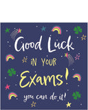 A little sprinkle of magic and motivation! This uplifting card features a scattering of rainbows, shooting stars, and lucky four-leaf clovers set against a deep blue background — perfect for sending positive vibes during exam season.