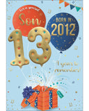Celebrate your son's special day with a gift that will take him back in time! This clever 13th birthday card features intriguing tidbits and factoids about the year he was born. Discover together the top hits, blockbuster films, and noteworthy events that made 2012 a year to remember. Show him that he's one of a kind with this charming and amusing 13th birthday card.