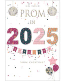 One of the best American traditions has made its way across the pond – and we’re here for it! Celebrate a young lady’s special prom night in 2025 with this fun and stylish card. The design features playful pink and multicoloured text that reads: “On your Prom in 2025. How exciti