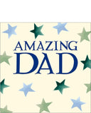 This birthday card for a special dad is decorated in Emma Bridgewater's inimitable style with green and blue stars and embossed blue serif-text that reads "Amazing Dad".