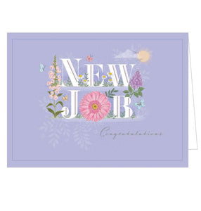 This new job card is decorated with white and gold text that reads "New Job...Congratulations", adorned with flowers and butterflies. 