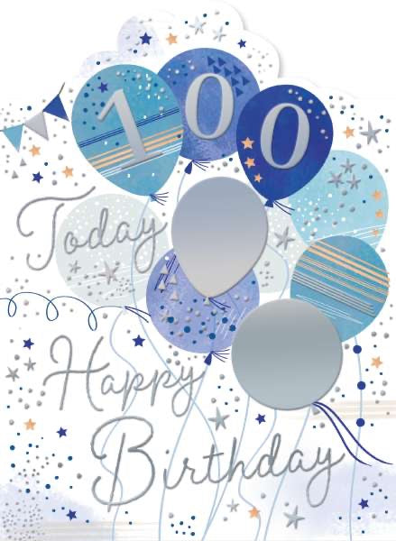 This 100th birthday card is decorated with blue and silver balloons and text. The text on the front of the card reads 