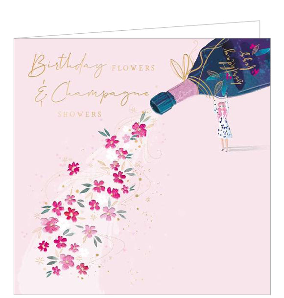 This chic birthday card is decorated with an illustration by Ellise WIlkinson showing a young woman with pink hair, a polka dot dress and heart-shaped sunglasses, holding a GIANT champagne bottle as flowers and gold confetti pour out. Gold text on the front of the card reads 