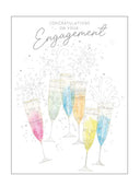Celebrate a special moment with this beautiful engagement card, featuring a shimmering design of six colourful celebratory champagne glasses raised in a joyful toast. Set against a white textured background, the elegant illustration sparkles with charm and sophistication.
Delicate silver foil text on the front reads "Congratulations on your Engagement".