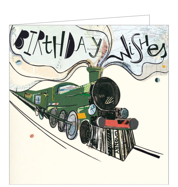 This fabulous birthday card for a steam engine fan is decorated with an illustration by Amy Eastland showing a green steam train sweeping across the card. Black text saying 