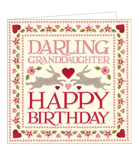 This elegant birthday card for granddaughter is decorated in Emma Bridgewater's inimitable style, with pink hearts forming a border. Two hares form the centrepiece surrounded by embossed pink text that reads "Darling Granddaughter...Happy Birthday". 