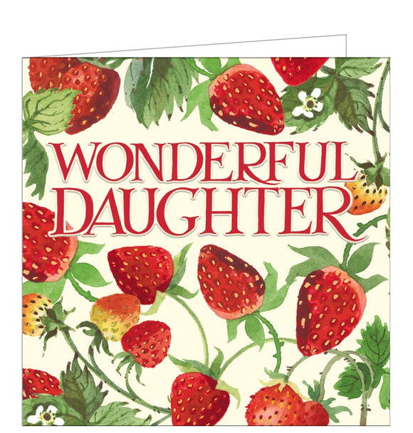 This elegant birthday card for a special daughter is decorated in Emma Bridgewater's inimitable style, with luscious strawberries surrounding embossed red text that reads 