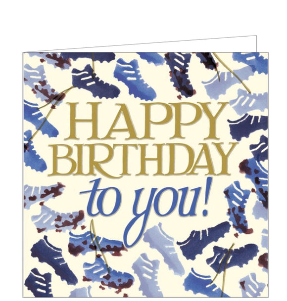 This beautiful birthday card is decorated in Emma Bridgewater's inimitable style with blue stamp-print football boots and gold laces. Embossed blue and gold text on the card reads 
