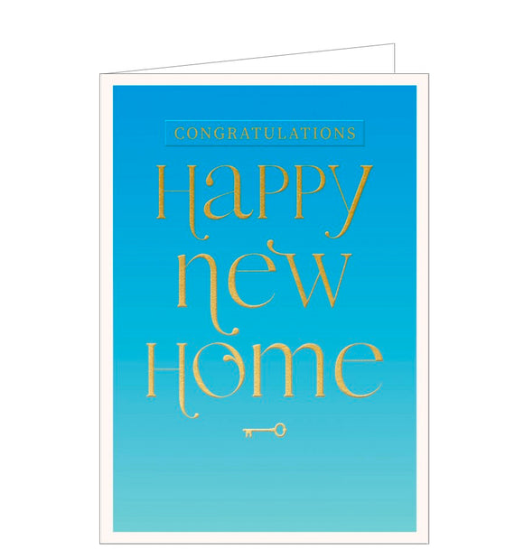 A simple but stylish new home card. Gold text on a mid-blue background reads 