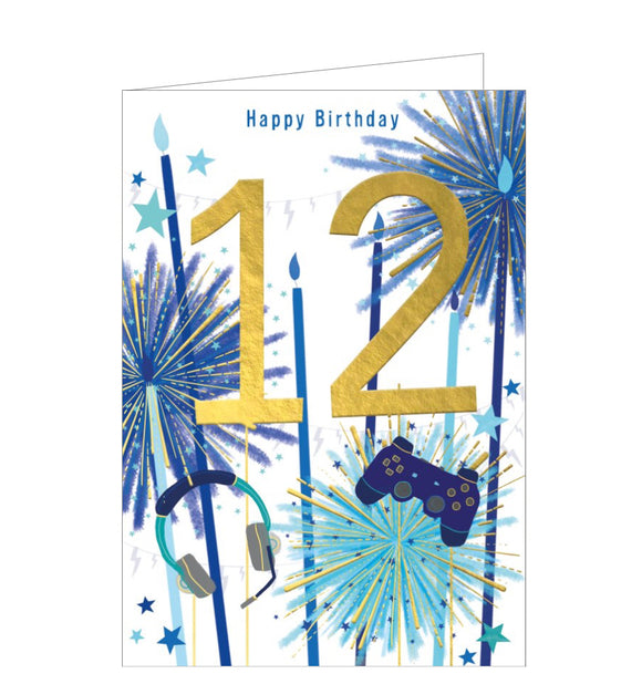 A bright, lively birthday card for 12  year old featuring a large gold number 12 backed by dark blue candles bursting like fireworks. Extra touches include headphones, and games console.