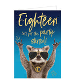 This cheeky 18th birthday card is decorated with an image of a racoon wearing photoshopped sunglasses and a gold chain with a medallion that reads "18". Gold text on the front of the card reads "Eighteen...let's get this party started!"