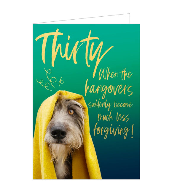 This cheeky 30th birthday card is decorated with an image of a bedraggled-looking dog looking out from underneath a yellow blanket. Gold text on the front of the card reads 