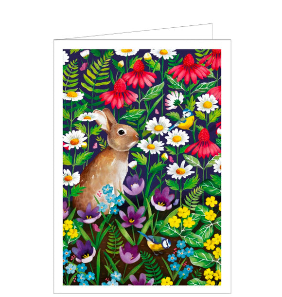 This cute blank greetings card is decorated with an artwork by Bex Parkin, showing a brown rabbit sitting amongst a variety of wild flowers and green foliage, watching a blue tit bird that is perched on a strawberry plant. Bold colour and strong design make this a stunning card for any occasion or message.