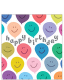 This bright, fun birthday card has a colourful selection of balloons with smiley faces floating over the page. Silver text in the middle reads simply "happy birthday".