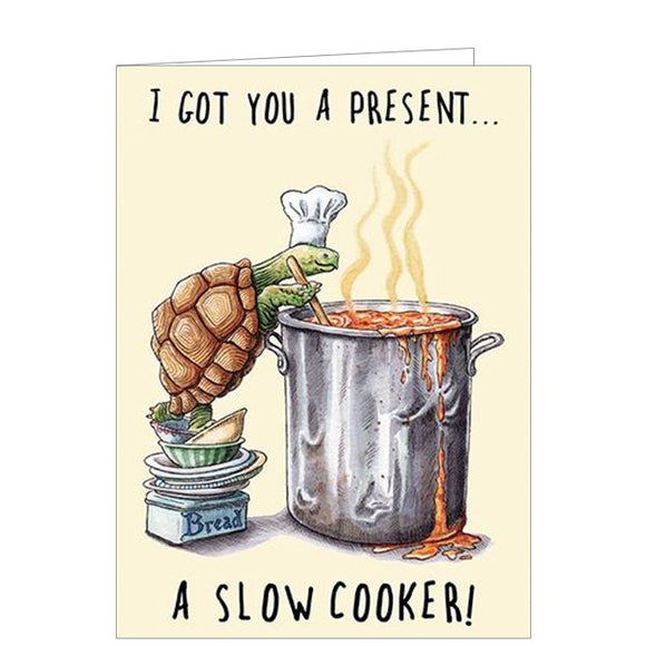 This funny birthday card from the Bewilderbeest range is decorated with an illustration of tortoise in a chef's hat, standing on a pile of plates and cookbooks to stir a cooking pot. The caption on the front of the card reads 