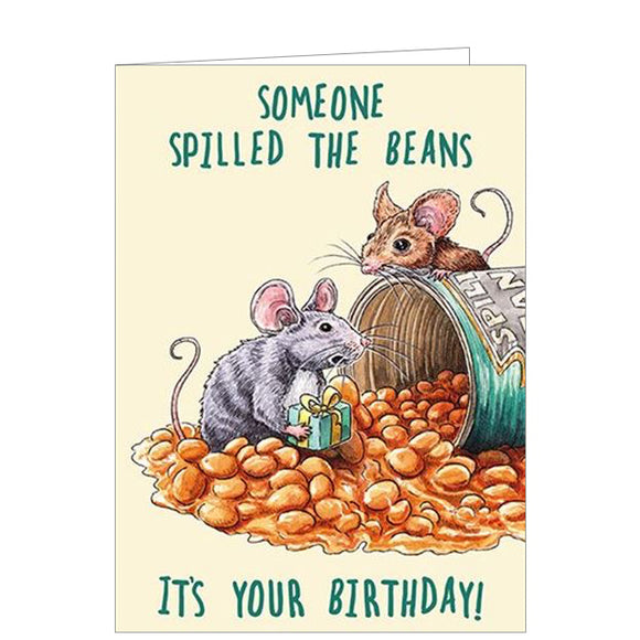 This funny birthday card from the Bewilderbeest range is decorated with an illustration of a pair of mice, one holding a birthday present, investigating an overturned tin of baked beans. The text on the front of the card reads 