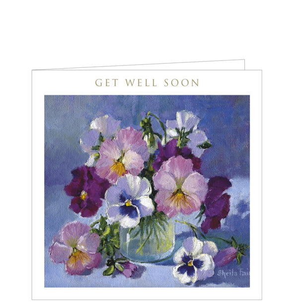 A petite get well soon card is just right for a quick note to wish someone well. This card is decorated with artwork showing a glass vase overflowing with pansy flowers. Gold text on the front of the card reads 