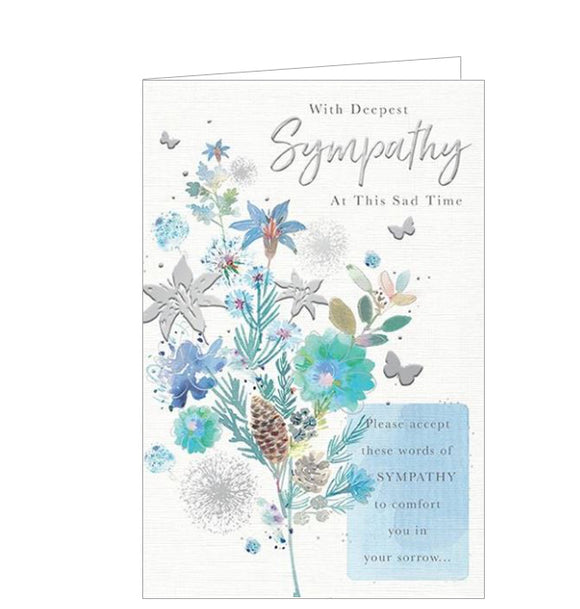 This simple sympathy card is decorated with an illustration of a bunch of watercolour flowers in shades of blue, green and metallic silver. Text on the front of the card reads 
