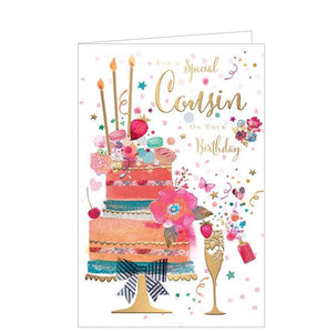 Say "Happy Birthday!" with style and pizzazz by sending this lovely birthday card. Decorated with a stylised birthday cake topped with macaroons, blossoms and golden candles, it is sure to give a special cousin something to smile about. Gold text on the front of the card reads "For a special cousin on your Birthday".