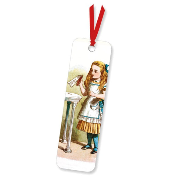 This bookmark is decorated with an illustration by Sir John Tenniel (1820-1914) based on Lewis Carroll's Alice's Adventures in Wonderland, showing Alice picking up a bottle labelled 'Drink Me'. These bookmarks are a great gift for every book lover - be they friend, family or yourself.
