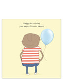This birthday card features one of Rosie Made a Thing's unmistakably witty and charming illustrations of a man holding a blue balloon.  The text on the front of the card reads "Happy Birthday you magnificent beast".