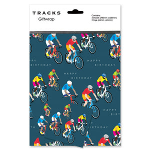 This premium gift wrap pack contains two sheets of matt-black wrapping paper and matching tags covered with a pattern of brightly coloured cyclists and text that reads "Happy Birthday". The convenience of the pre-folded and pre-wrapped sheets make gift-giving hassle-free.