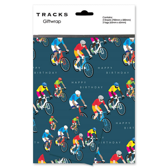This premium gift wrap pack contains two sheets of matt-black wrapping paper and matching tags covered with a pattern of brightly coloured cyclists and text that reads 