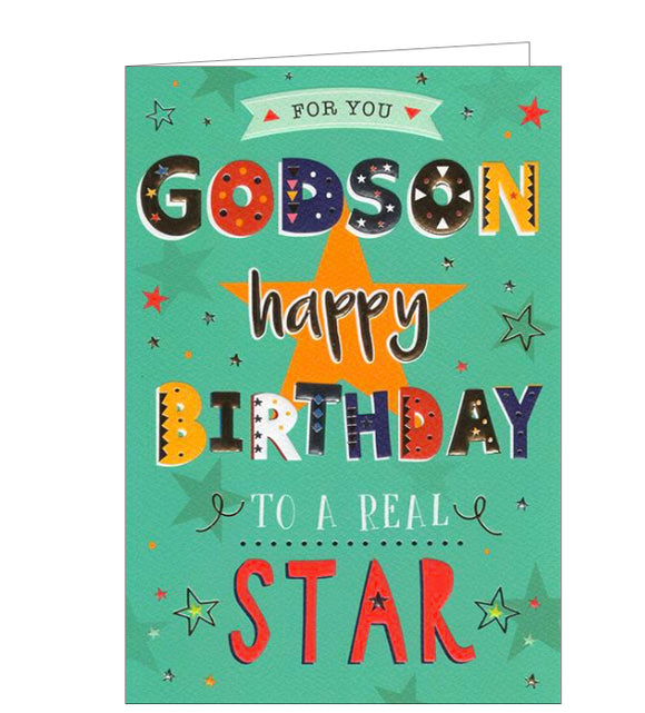 This birthday card for a special Godson is decorated with red, blue, yellow and gold text that reads 