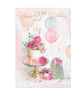 Send someone heartfelt wishes on her 21st Birthday with this beautiful card. This 21st birthday card is illustrated with a gorgeous birthday cake topped with a golden 21 topper and pink blooms. Scattered around the cake are presents, confetti stars and hearts, and balloons. Rose gold text on the front of the card reads "Happy 21st Birthday"