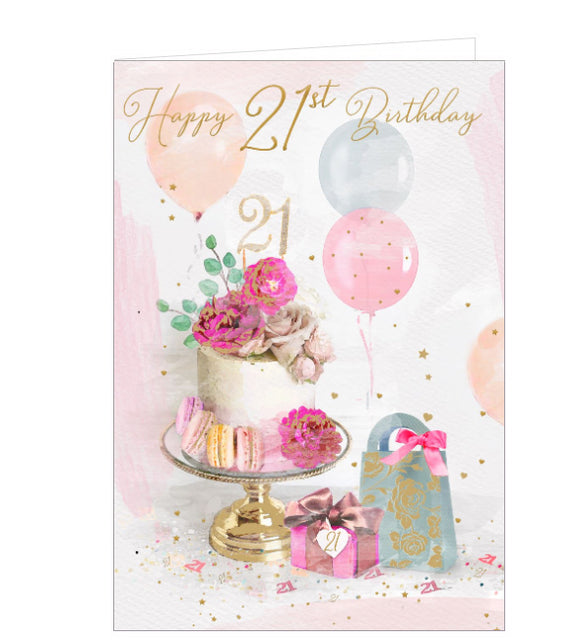 Send someone heartfelt wishes on her 21st Birthday with this beautiful card. This 21st birthday card is illustrated with a gorgeous birthday cake topped with a golden 21 topper and pink blooms. Scattered around the cake are presents, confetti stars and hearts, and balloons. Rose gold text on the front of the card reads 