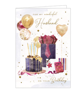 This birthday card for a special husband is decorated with an arrangement of beautifully wrapped birthday gifts, a blue and gold drip-decorated birthday cake and golden balloons .Silver text on the front of this card reads "For my wonderful Husband on your Birthday".