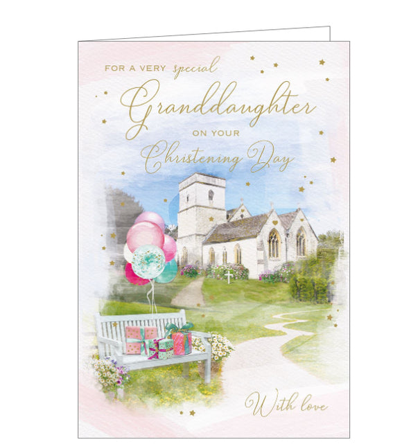 This stunning card for special grand daughter's christening day is decorated with a village church on a sunny spring day, surrounded by flowers. Balloons and presents rest on a bench in the foreground. Rose gold text on the front of the card reads 