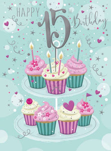 Celebrate a special day for a 15 year old  with this cheerful stack of colourful cupcakes, with a big silver 15 on top.  Give them a memorable surprise with this yummy card Text reads "Happy 15  birthday"