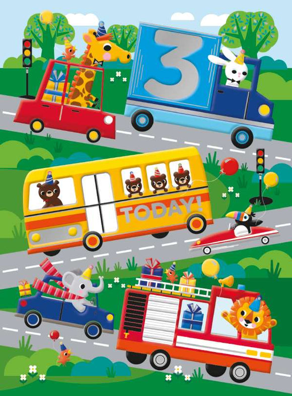 This busy 3 Today Birthday card is perfect for making a youngster's day.  It features all kinds of vehicles driven by cartoon animals scooting down a steep road. Full of vibrant colours and fun!