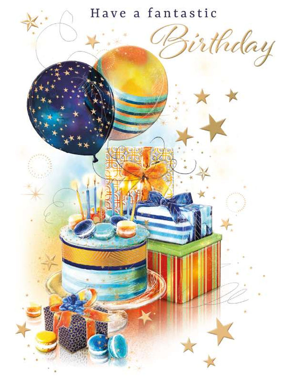 A modern birthday card in striking colours, studded with gold stars and  gold finishing touches. The image features presents, cake, and two balloons. Text reads  
