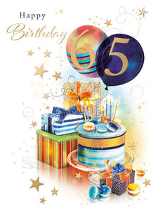 A modern birthday card for a youthful 65 year old in striking colours, studded with gold stars and  gold finishing touches. The image features presents and cake, and the 6 & 5 appear on two balloons. Text reads  "Happy Birthday....65!"