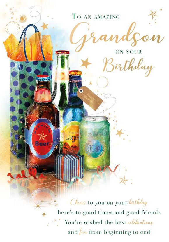 Celebrate your grandson's birthday with this stunning card featuring strong colors, special words, and an image of beers and lagers. The gold stars and intricate detailing add a touch of elegance to this card. Perfect for any beer-loving grandson. Text begins on the cover with 