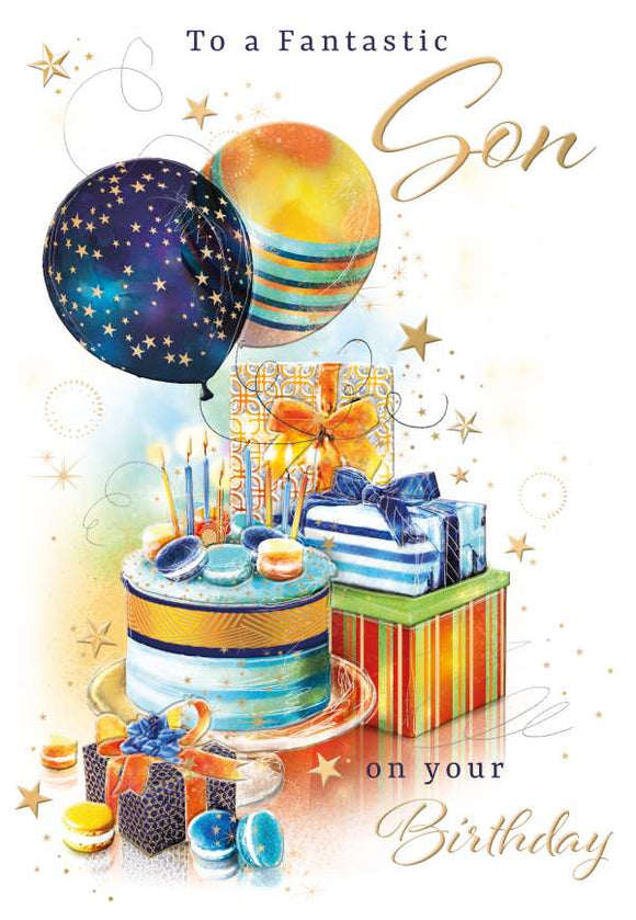 Celebrate your Son's birthday with this stunning card featuring strong colors and an image of presents and balloons. The gold stars and intricate detailing add a touch of elegance to this card.  Text reads 