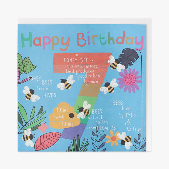 A 7th birthday card that features bees in the natural world. Centrepiece is a large colourful number 7 surrounded by bees and interesting facts about them.