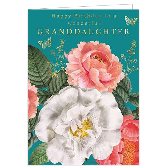 This beautiful birthday card for a special grand daughter is decorated with large blousy flowers in peaches and white, finished with gold foil detailing. Gold text on the front of the card reads 