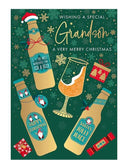 Unleash the holiday cheer with this Christmas card for a special grandson. Gold bottles of beer with festive labels stand out against a dark green background. Red touches and gold snowflakes really make this card pop.