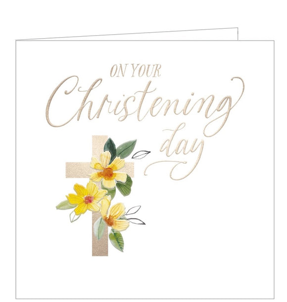 A lovely but simple Christening card. Silver text on the front of the card reads 