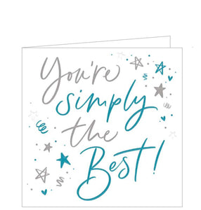 This small white card is perfect for so many occasions, from thank yous to congratulations and sending positive vibes. The card is decorated with electric blue and silver text that reads "You're simply the best!" surrounded by a scattering of stars and streamers.