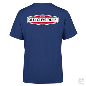 The back of this tshirt features a retro red, white and black sign that reads "Aged to Perfection...Old Guys Rule". The front of the t-shirt has a the same design smaller over the left breast.