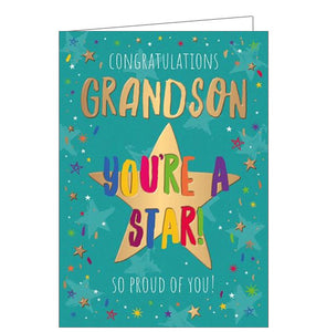 This congratulations card for a grandson is perfect for celebrating exam success, graduations, passing a driving test and more. Multicoloured text on the front of the card reads "Congrats Grandson...you're a star...so proud of you".