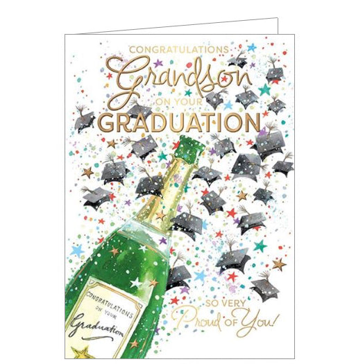 This graduation card is the perfect way to show your grandson just how proud you are! Decorated with a bottle of champagne erupting with colourful stars and tiny mortar boards, this graduation card boasts gold lettering that reads 