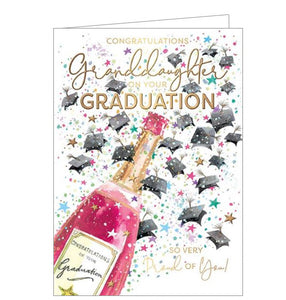 This graduation card is the perfect way to show your grandaughter just how proud you are! Decorated with a pink bottle of champagne erupting with colourful stars and tiny mortar boards, this graduation card boasts gold lettering that reads "Congratulations Granddaughter on your Graduation.....so very proud of You!"