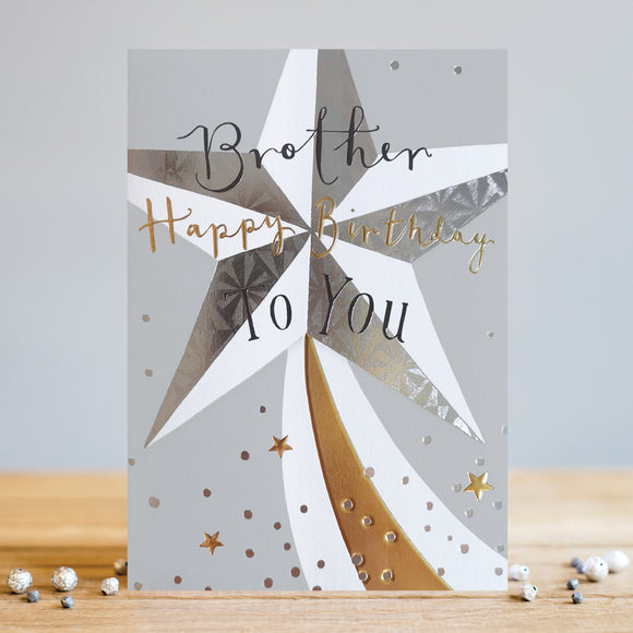 Surprise your brother on their special day with this elegant birthday card from Louise Tiler, decorated in a contemporary style with a large shiny grey & white star, a gold and white star trail, and a scattering of mini stars. Text on the front of the card reads 