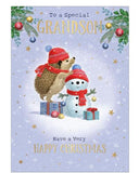 Here's Hartley the Hedgehog to wish a special grandson a merry, snowy Christmas. Hartley is making a snowman whilst wearing a red woolly hat & scarf, against a blue background dotted with gold stars. The caption on the front of this Christmas card reads "To a Special Grandson...Have a very Happy Christmas"