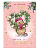 Here's Hartley the Hedgehog to wish a special nana a merry, snowy Christmas. Hartley is holding a heart shaped wreath of Christmas foliage whilst keeping warm with a pink woolly hat & scarf, against a pink background dotted with gold stars.
The caption on the front of this Christmas card reads "To a Special Nan...With lots of love at Christmas".